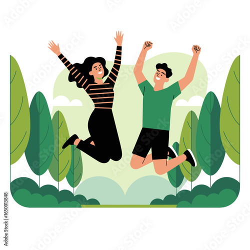 A lively scene with two young individuals leaping in a green park, symbolizing joy, camaraderie, and the vibrancy of youth as they embrace nature and energy together.
