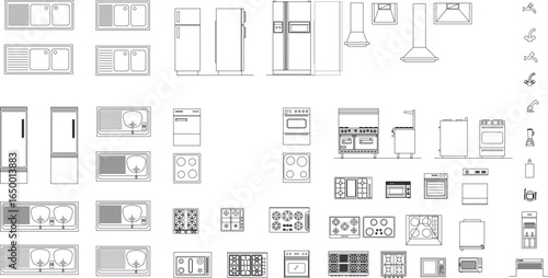 Kitchen kit with 2D lines and vectors for interior design and architecture