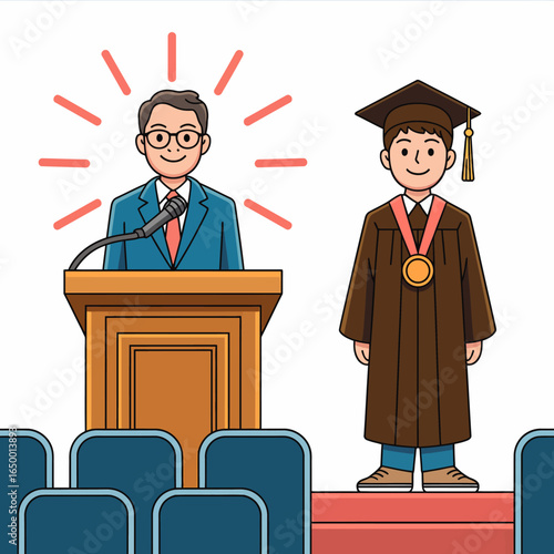 A vibrant graduation ceremony scene featuring an enthusiastic speaker at the podium beside a graduate in a gown and cap, symbolizing achievement and success.