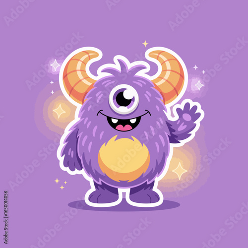 The one-eyed purple monster waves, showcasing its bright personality and charming features against a vibrant background, perfect for children's designs and playful themes.