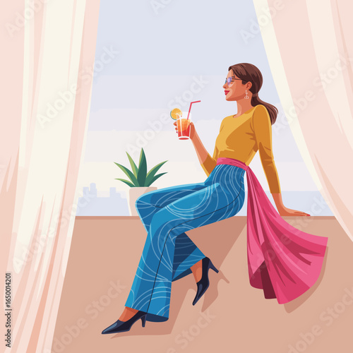 A fashionable woman sips a refreshing drink while enjoying a scenic view from a window, exuding confidence and elegance, showcasing a moment of relaxation in style.
