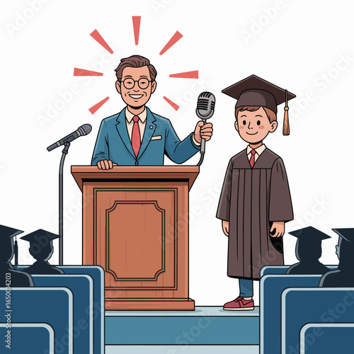 A dynamic graduation event with an engaging speaker at the podium and a proud graduate, representing the transition to adulthood and the celebration of educational success.