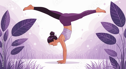 A strong woman is executing a handstand gracefully in a natural setting surrounded by lush plants, illustrating balance, strength, and connection with nature.