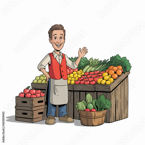 A friendly grocer stands beside a vibrant assortment of fresh fruits and vegetables, showcasing the inviting atmosphere of a bustling market filled with color and freshness.