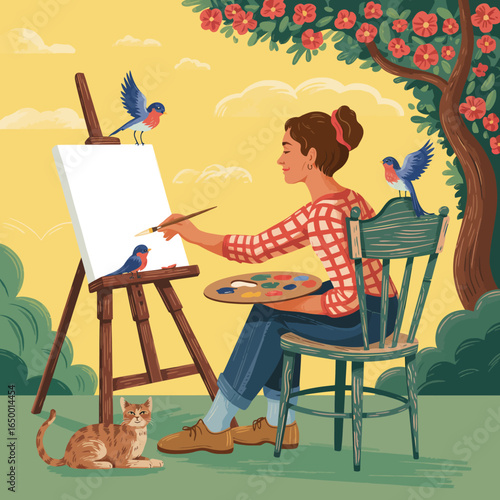 A woman artist paints a serene landscape featuring birds, reflecting creativity and harmony with nature, showcasing an intimate moment of artistic expression and connection.