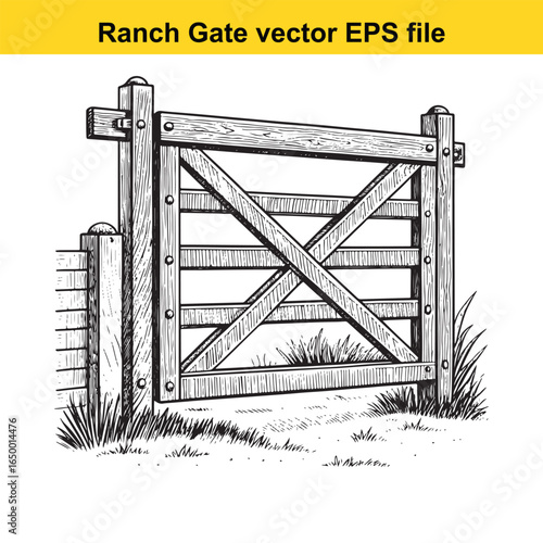 Rustic wooden ranch gate with cross bracing, a classic rural entrance illustration
