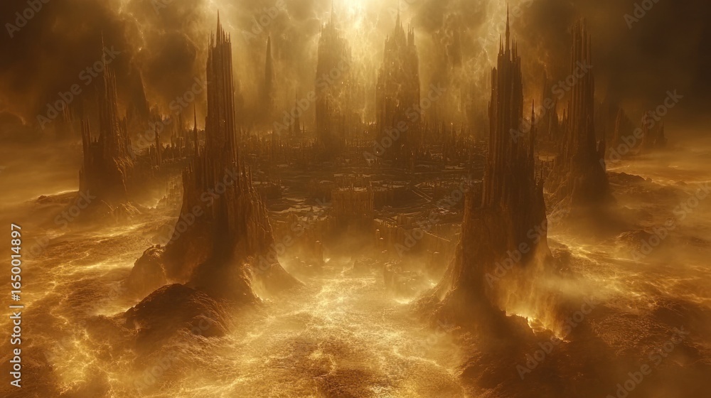 Obraz premium Golden, otherworldly city on fiery landscape