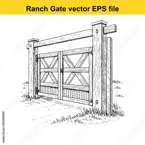 Rustic wooden ranch gate with cross bracing, a classic rural entrance illustration