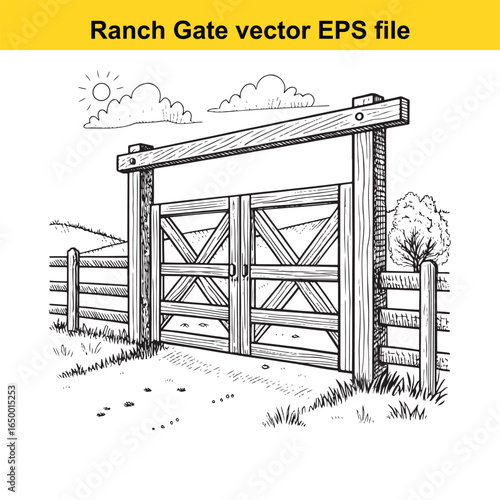 Rustic wooden ranch gate with cross bracing, a classic rural entrance illustration