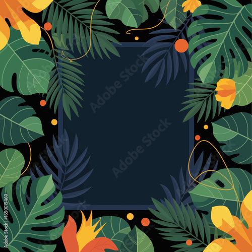 A vibrant tropical leaves frame featuring lush greenery, accented with colorful flowers, creating an inviting tropical atmosphere perfect for any design project.