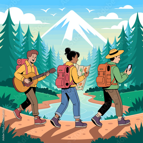 Three young adventurers enjoy a colorful hike while playing guitar, reading a map, and using a smartphone, embodying the spirit of friendship and exploration in nature.