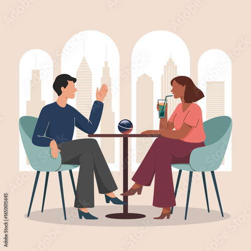 A professional discussion unfolds between two individuals in a contemporary café, characterized by stylish décor and an impressive city skyline framing their meeting.