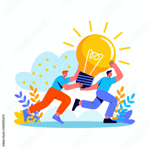 Two men energetically run with a large light bulb, symbolizing creativity and innovation in action, embodying the spirit of chasing ideas and collaborative success.
