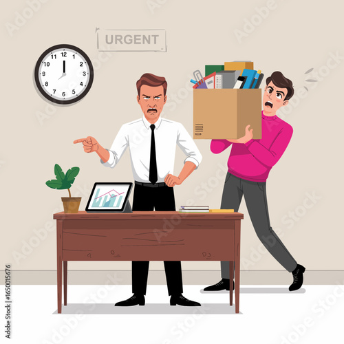 Depicting a serious manager pointing and an anxious employee holding a box, this image highlights the urgency and pressure often felt in a professional environment.