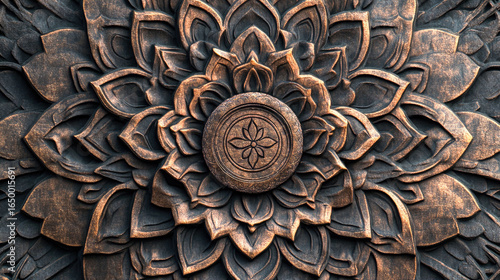 An intricate mandala design featuring the karma symbol at its center