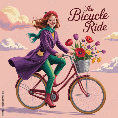 An enchanting image of a girl riding a bicycle adorned with flowers, set against whimsical cloud-filled skies, symbolizing freedom and the joy of exploration.