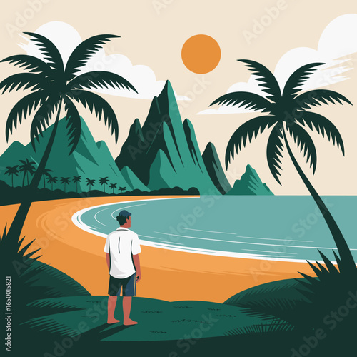 A serene beach landscape showcasing vibrant palm trees, a tranquil ocean, and majestic mountains under a bright sun, inviting relaxation and escape into nature’s beauty.