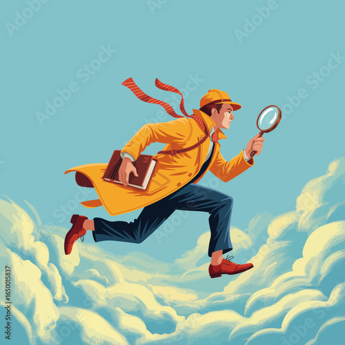 An animated individual in a vibrant yellow coat runs through a beautiful cloudscape, magnifying glass in hand, highlighting curiosity, adventure, and innovative exploration.