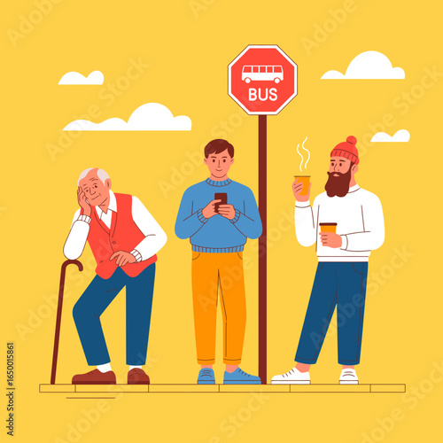 A lively representation of three men from different generations at a bus stop, capturing their interactions and unique expressions of anticipation and enjoyment.
