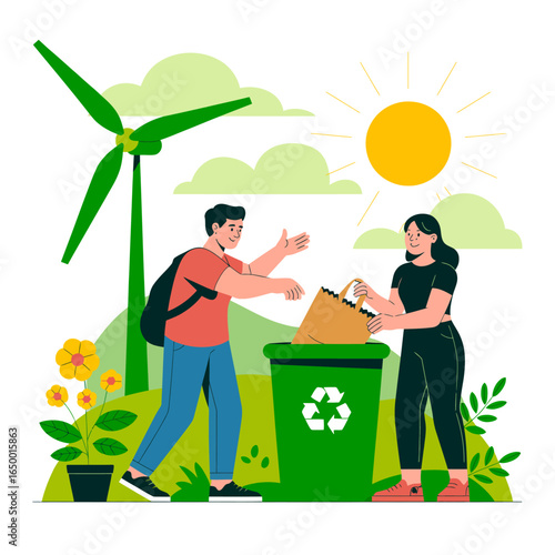 A vibrant scene of two individuals actively participating in recycling, showcasing the importance of eco-friendly waste management and community involvement in sustainability.