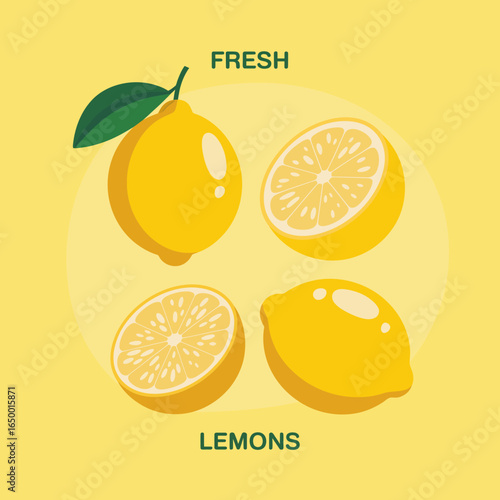This colorful illustration features fresh lemons with a bright yellow background, highlighting both whole and halved citrus fruits for a refreshing effect.