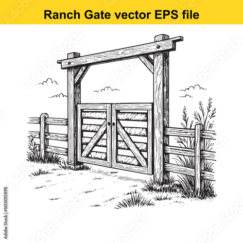 Rustic wooden ranch gate with cross bracing, a classic rural entrance illustration