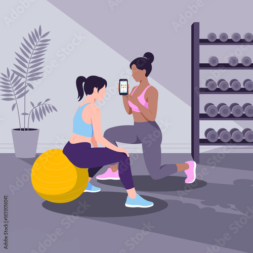 This image captures a vibrant workout session where a coach is interacting with a client using an exercise ball, illustrating motivation, teamwork, and personal fitness connection.