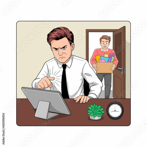A frustrated supervisor focused on a tablet while an employee enters the office carrying supplies, reflecting workplace dynamics of tension and the importance of communication.