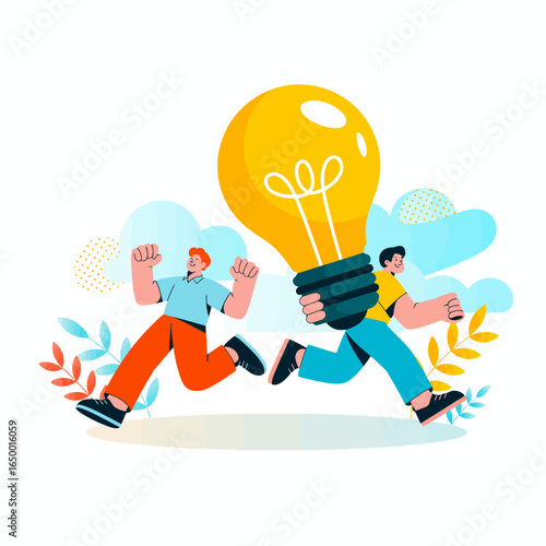 Two runners joyfully carry a large light bulb, representing the vibrant pursuit of innovative ideas and the exhilaration of creative collaboration in action.