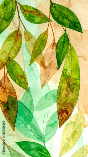 Watercolor painting of leaves in greens and browns.