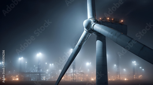Night Foggy Industrial Wind Turbine Energy Production