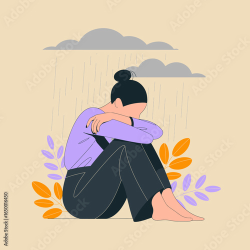 This illustration depicts a figure sitting in a rainstorm, conveying feelings of sadness and contemplation, surrounded by abstract leaves and a muted color palette.