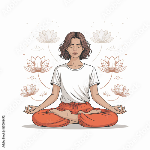 A peaceful individual meditating in lotus position, surrounded by delicate floral designs, symbolizing tranquility, balance, and the rich depth of mindfulness practices.