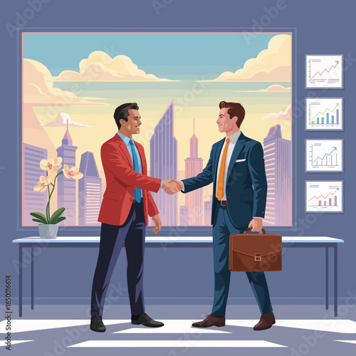 Two businessmen are depicted shaking hands against a city skyline, symbolizing successful collaboration and partnership amid modern architecture and business analytics.