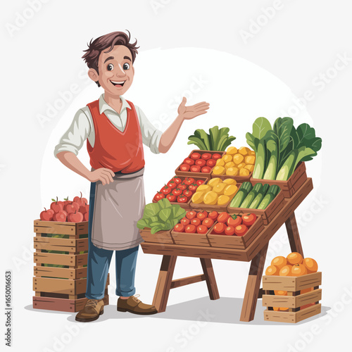 A lively vendor stands beside a colorful display of fresh fruits and vegetables, showcasing a variety of produce in an inviting farmers market atmosphere.