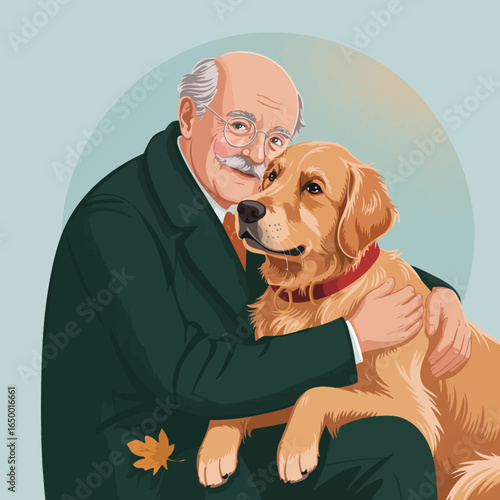 This heartwarming illustration features a senior man in a warm embrace with his golden retriever, emphasizing their companionship and the love shared between pets and their owners.