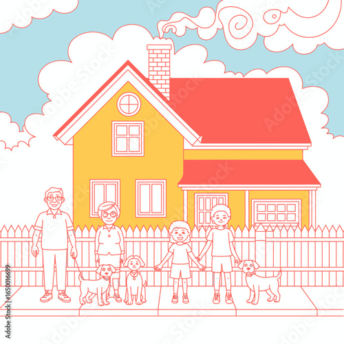 Sibling children hold hands with their dogs in front of a cozy yellow house, reflecting the innocence of childhood and the joy of pet companionship in a safe neighborhood.