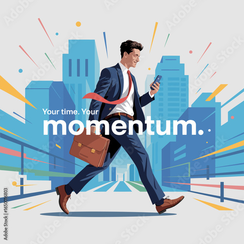 A professional man strides purposefully through an urban environment, epitomizing determination and ambition, symbolizing the journey toward achieving goals in a vibrant world.