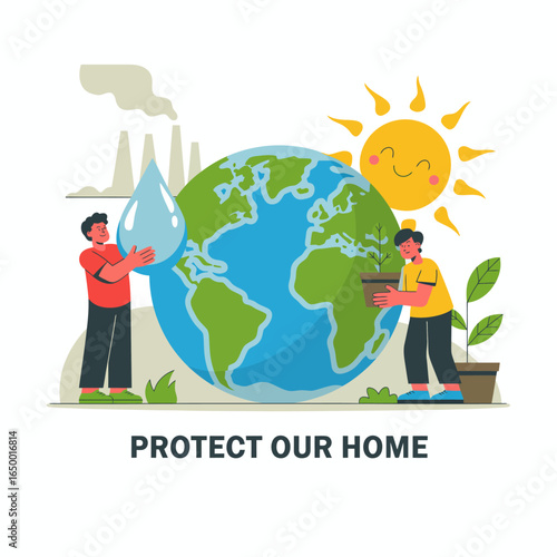 People holding water and plants in front of Earth, symbolizing the commitment to protecting our home and fostering a sustainable future for all life on the planet.
