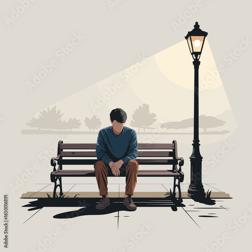 A reflective figure sits on an empty bench under a lamplight, encapsulating the essence of solitude and contemplation during a quiet evening in an open space.