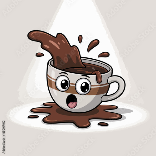 This lively coffee cup with a surprised face displays a coffee splash, featuring a fun and engaging portrayal of how beverages bring joy and spontaneity to daily life.