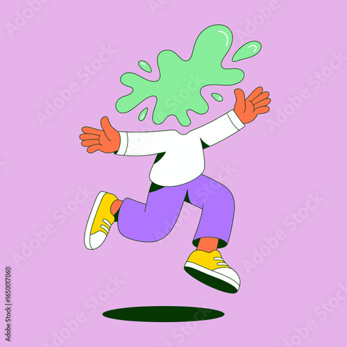 An abstract character exhibiting playful energy while jumping, featuring a unique liquid head, against a pastel background, emphasizing creativity, fun, and dynamic expression.