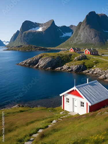 White cottage-red fishing hut or rorbu-Volden area. Fredvang-Moskenesoya-Lofoten-Norway. 0411