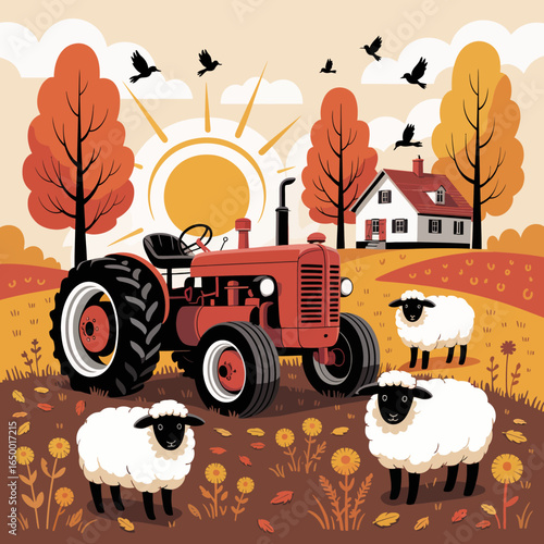 An artistic portrayal of a serene farm landscape featuring a classic red tractor, playful sheep, and a radiant sun setting over vibrant fall foliage, showcasing rural beauty.