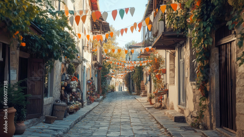 An inviting street in porj adorned with cultural decorations
