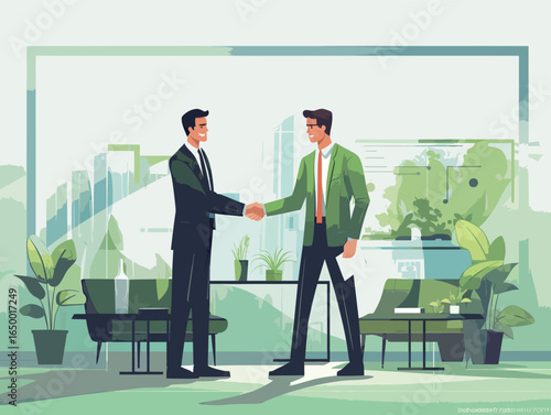 Businessmen shake hands in the office, flat cartoon character illustration