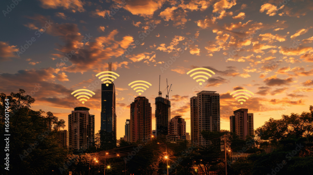 Fototapeta premium Vibrant city skyline at sunset, showcasing modern skyscrapers with digital Wi Fi symbols overlaying buildings, symbolizing connectivity and technology. warm hues of sky create serene atmosphere
