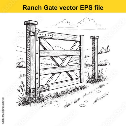 Rustic wooden ranch gate with cross bracing, a classic rural entrance illustration