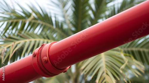 a red pipe with a palm tree in the background