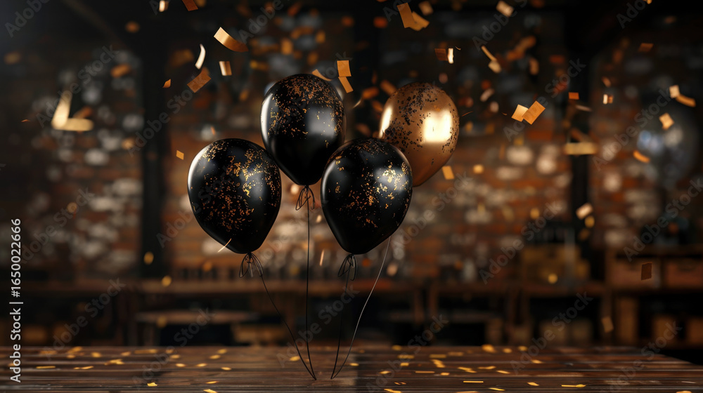 Naklejka premium Celebratory balloons in black and gold colors float amidst shower of golden confetti, creating festive atmosphere perfect for parties and special occasions